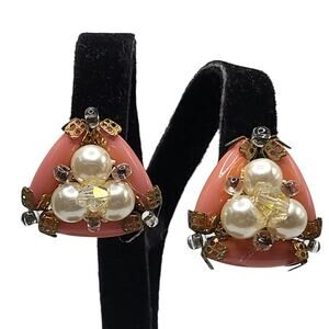 Vintage Coral Pink Cluster Earrings Faux Pearl Beaded Clip On